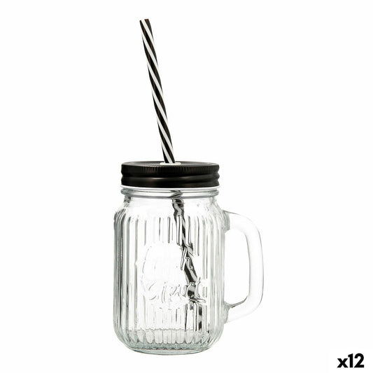 Jar with Lid and Straw Quid Maison Transparent Glass 470 ml (12 Units) Quid