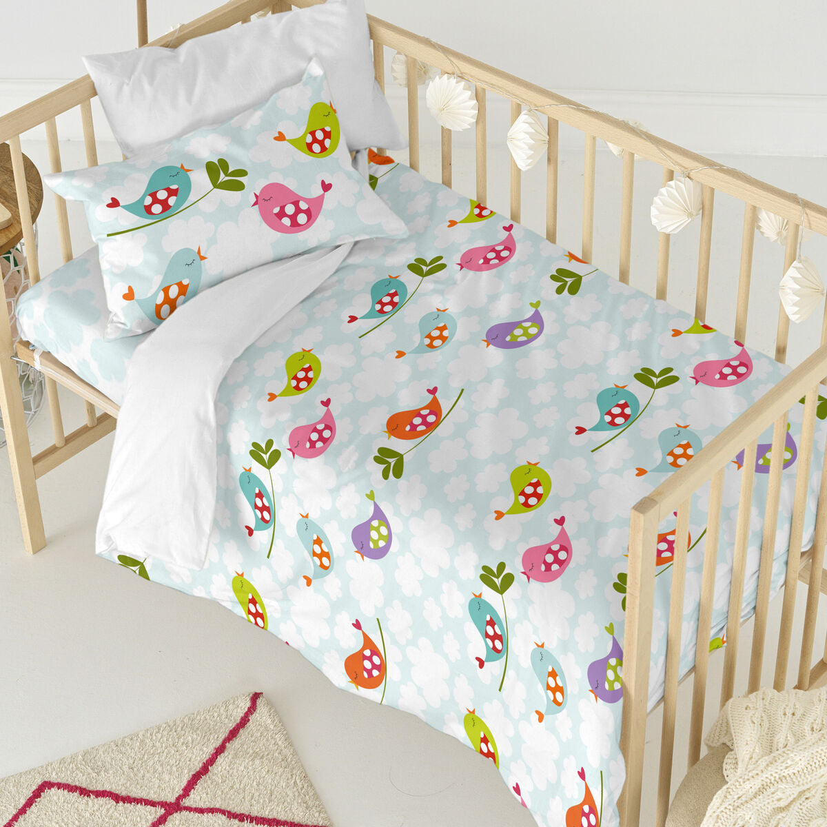 Duvet cover set HappyFriday Mr Fox Little birds Multicolour Baby Crib 2 Pieces HappyFriday