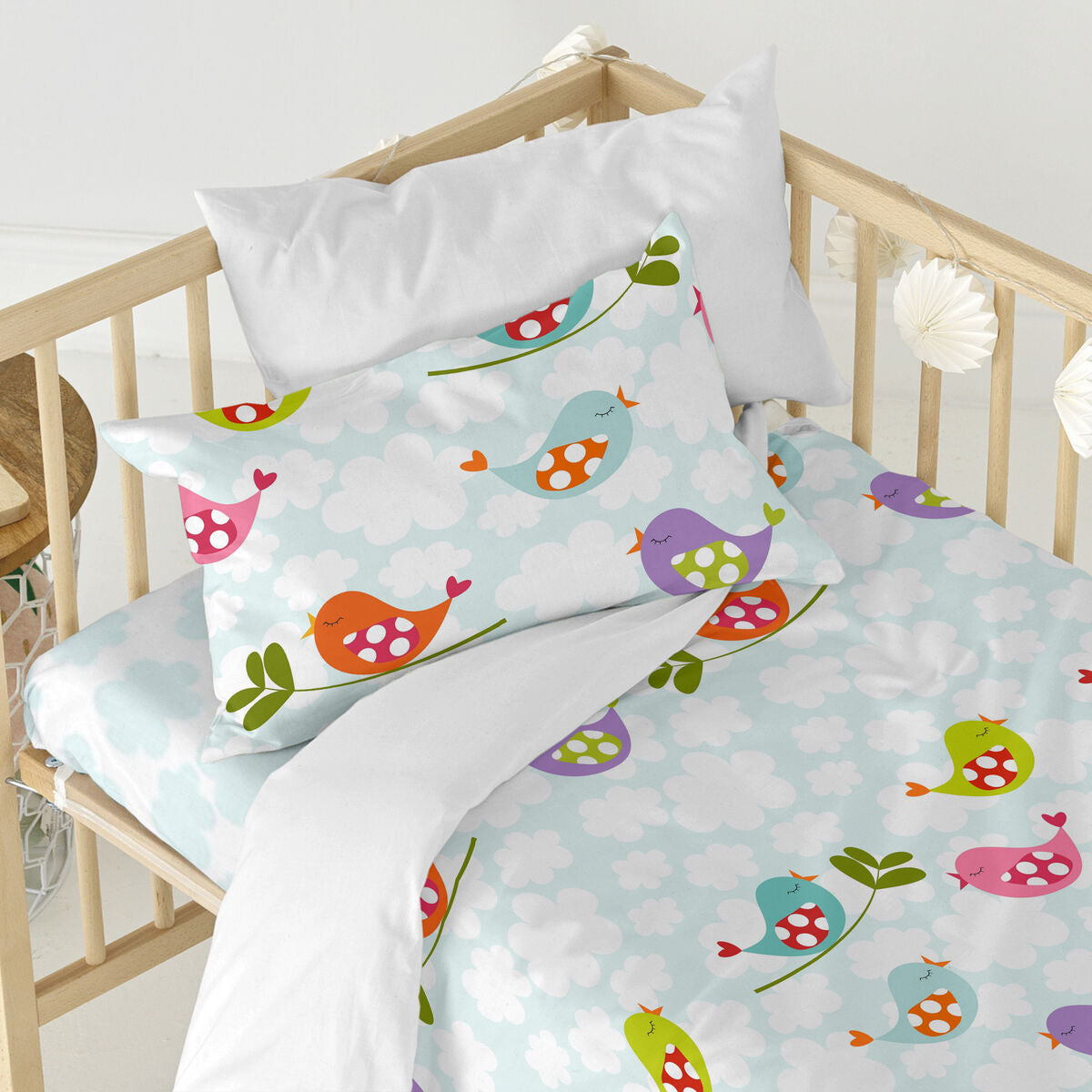 Duvet cover set HappyFriday Mr Fox Little birds Multicolour Baby Crib 2 Pieces HappyFriday