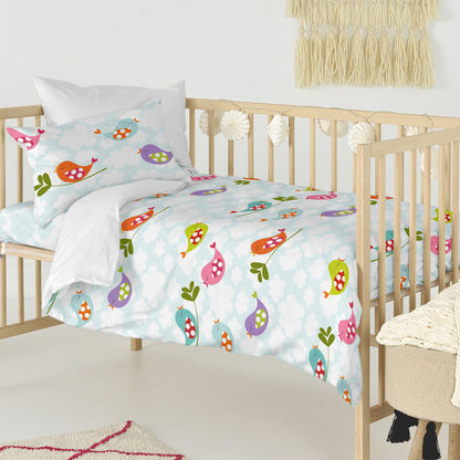 Duvet cover set HappyFriday Mr Fox Little birds Multicolour Baby Crib 2 Pieces HappyFriday