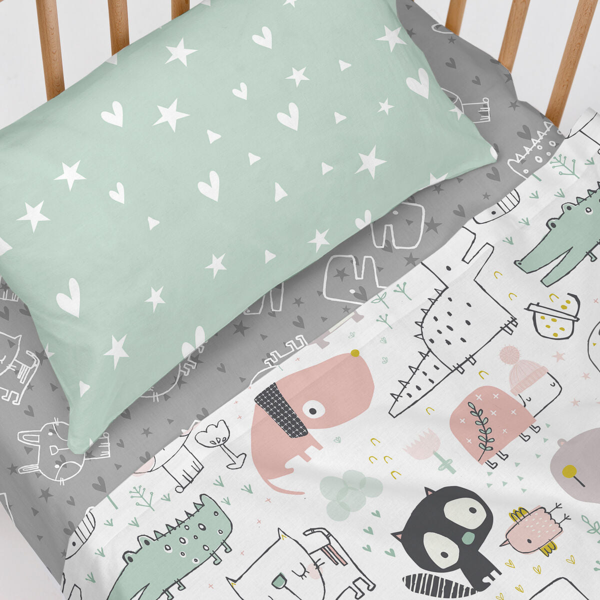 Fitted sheet HappyFriday MOSHI MOSHI Grey Multicolour 70 x 140 x 14 cm animals HappyFriday