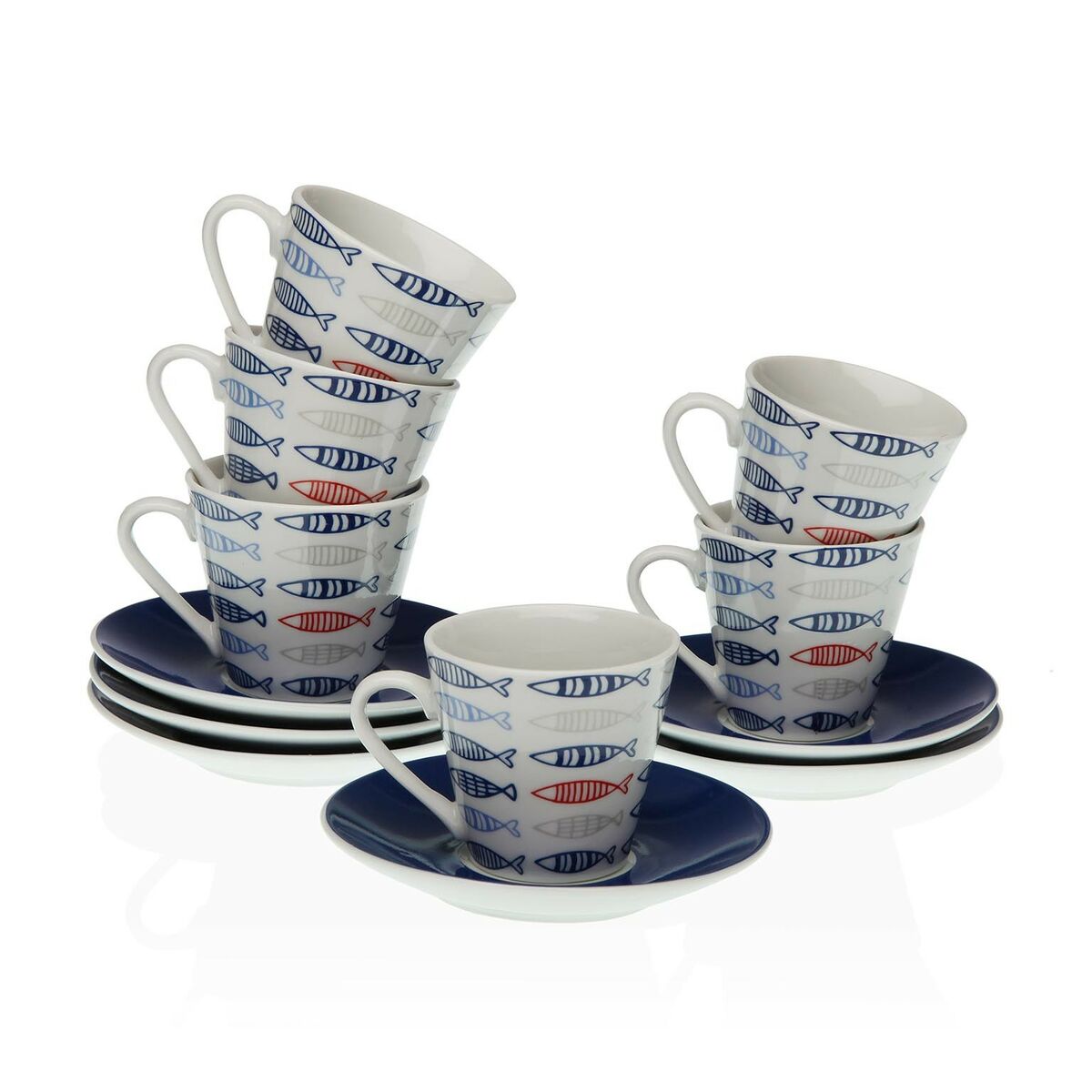 Set of Mugs with Saucers Versa Porcelain 5,8 x 6 x 5,8 cm Fish Coffee (12 Pieces) Versa