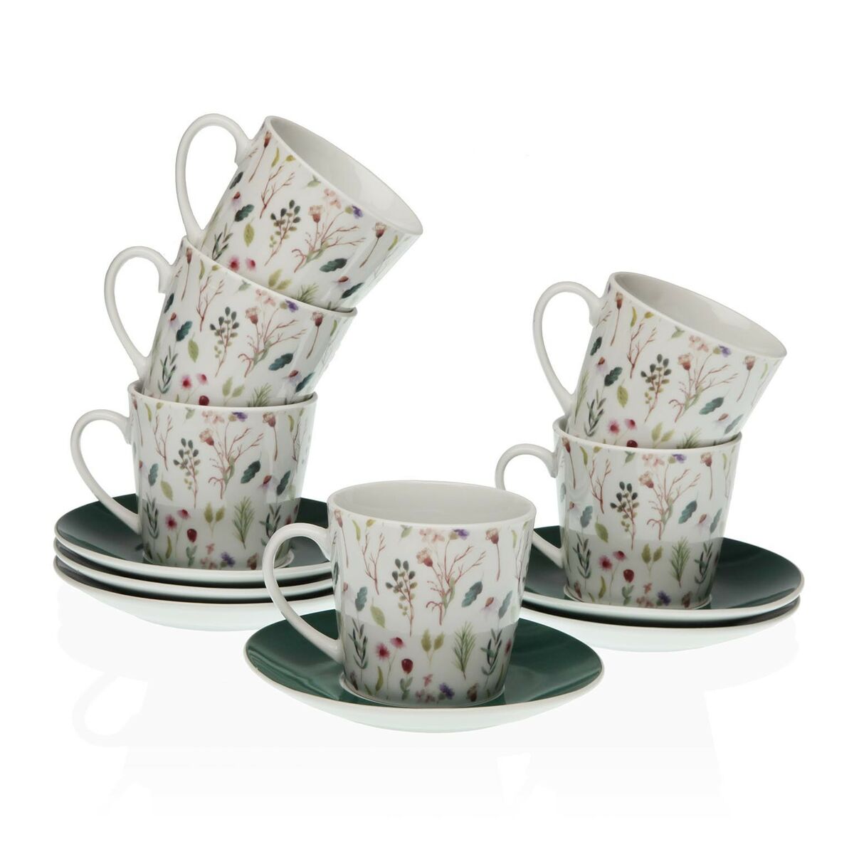 Set of Mugs with Saucers Versa Sansa Porcelain 9 x 14 x 14 cm 10,5 x 8 x 6 cm 14 x 14 x 2 cm Flowers Tea (12 Pieces) Versa