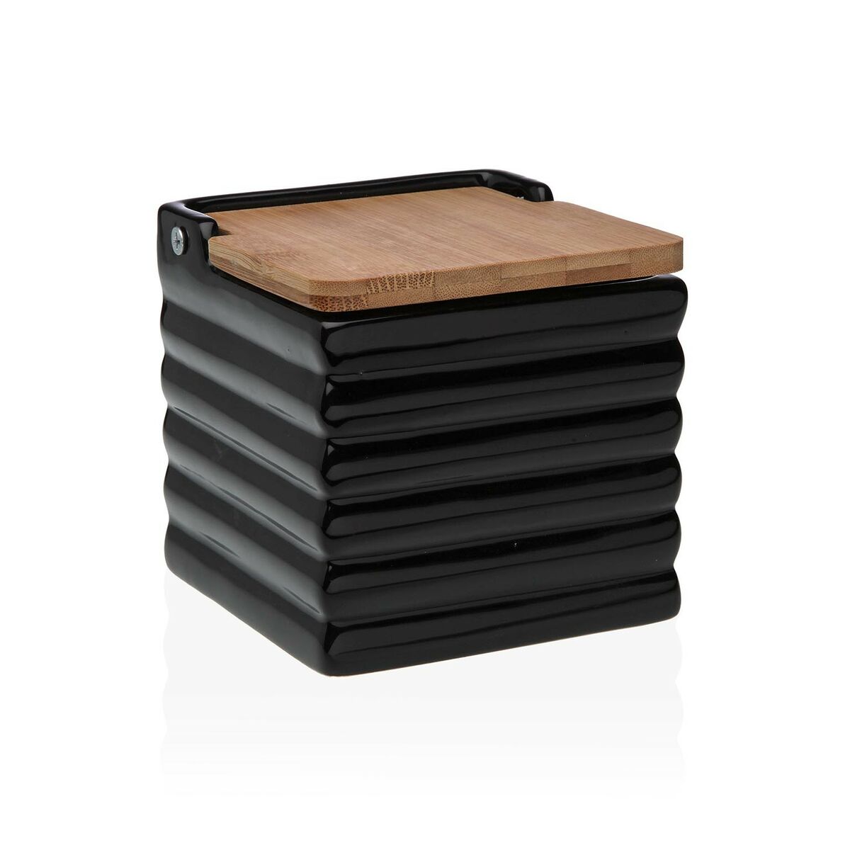 Salt Shaker with Lid Versa Stripes Black Ceramic Bamboo Dolomite 11 x 11 x 11 cm Versa