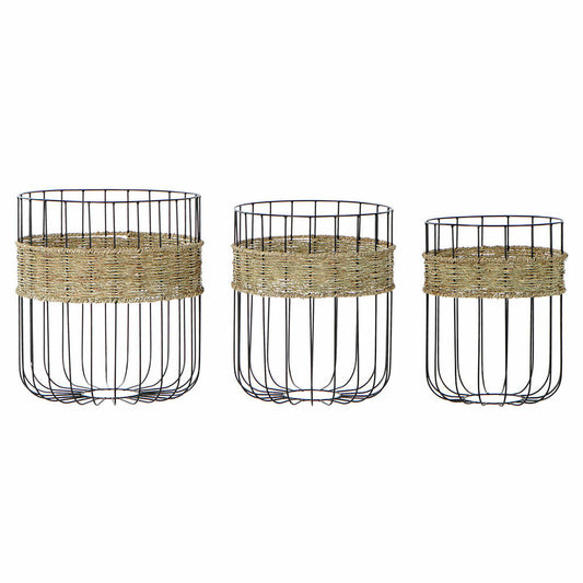 Basket set DKD Home Decor Black Natural Metal Natural Fibre 35 x 35 x 40 cm 3 Pieces DKD Home Decor