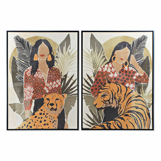 Painting DKD Home Decor Lady Tiger 104 x 4,5 x 144 cm Animal Tropical (2 Units) DKD Home Decor