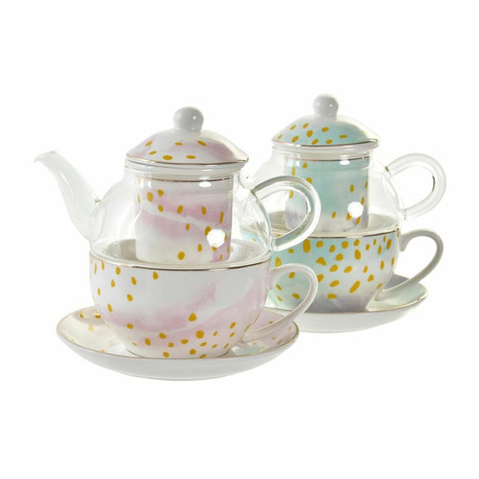 Teapot DKD Home Decor Crystal Porcelain Pink Transparent White Green (2 Units) DKD Home Decor