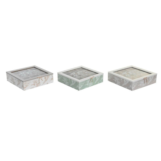 Box for Infusions DKD Home Decor White Green Beige Terracotta Light brown Metal Crystal MDF Wood 24,5 x 24,5 x 6 cm (3 Units) (1 DKD Home Decor