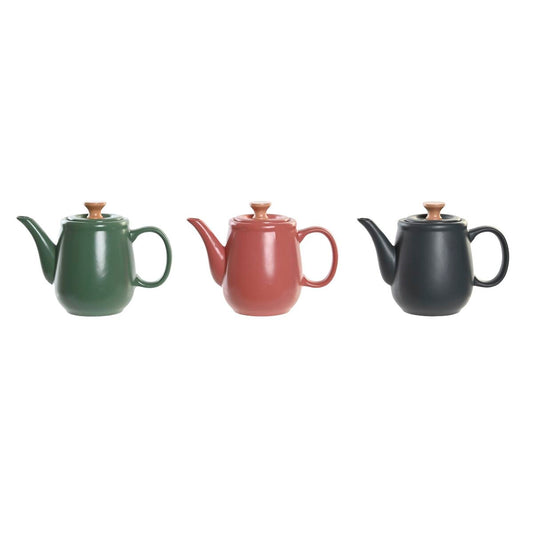 Teapot DKD Home Decor Green Pink Natural Dark grey Rubber wood Stoneware 1 L (3 Units) DKD Home Decor