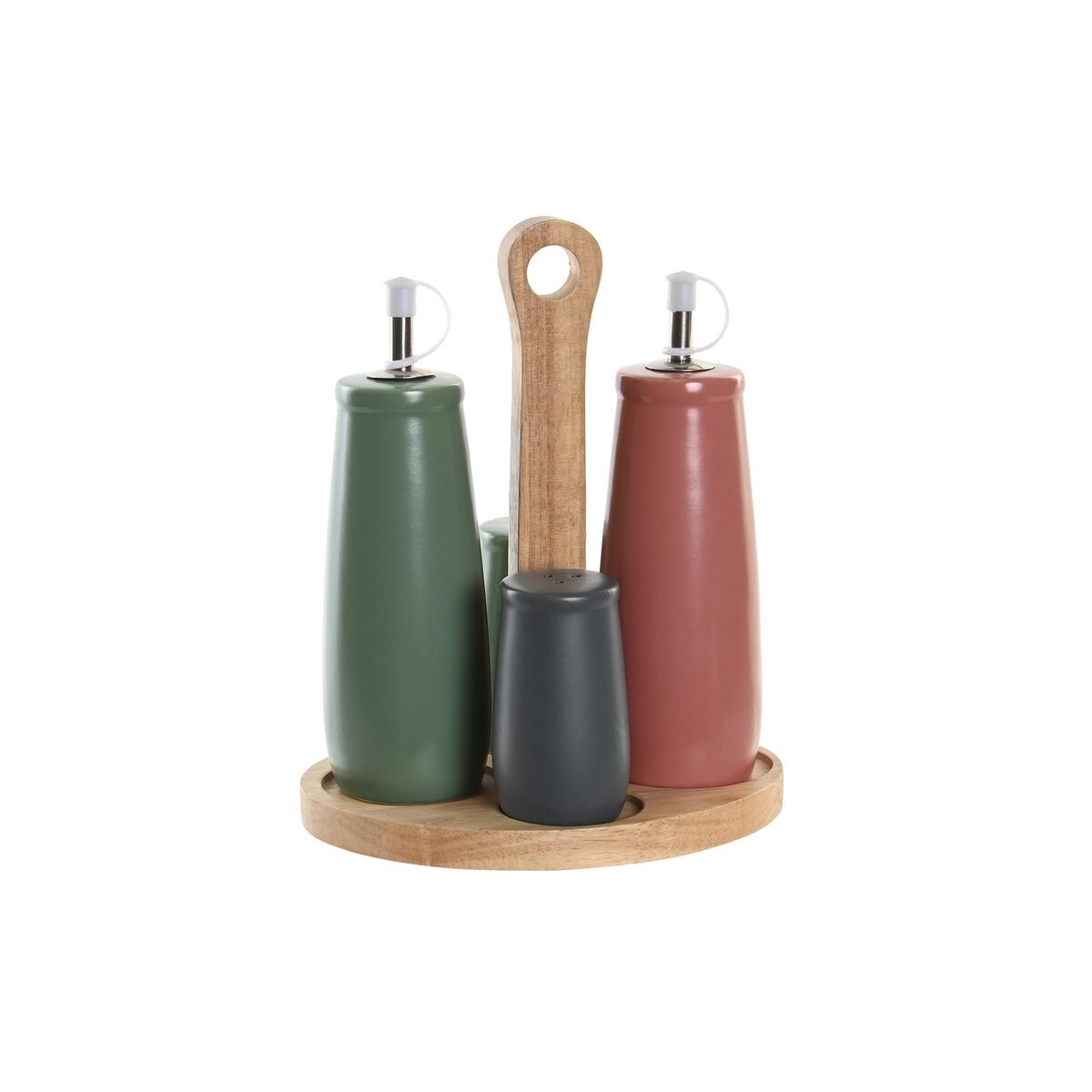 Condiment Set DKD Home Decor 19 x 16 x 22,5 cm Natural Pink Rubber wood White Green Stoneware DKD Home Decor