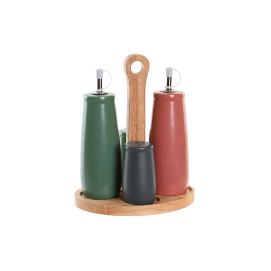 Condiment Set DKD Home Decor 19 x 16 x 22,5 cm Natural Pink Rubber wood White Green Stoneware DKD Home Decor