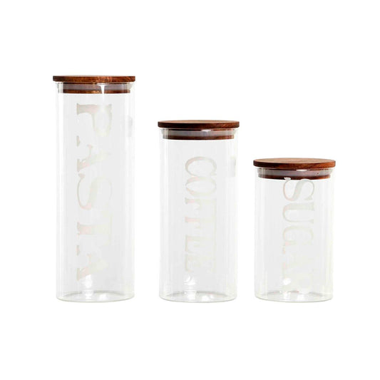 3 Tubs DKD Home Decor 10,2 x 10,2 x 27,7 cm Natural Transparent Acacia Letters Borosilicate Glass DKD Home Decor