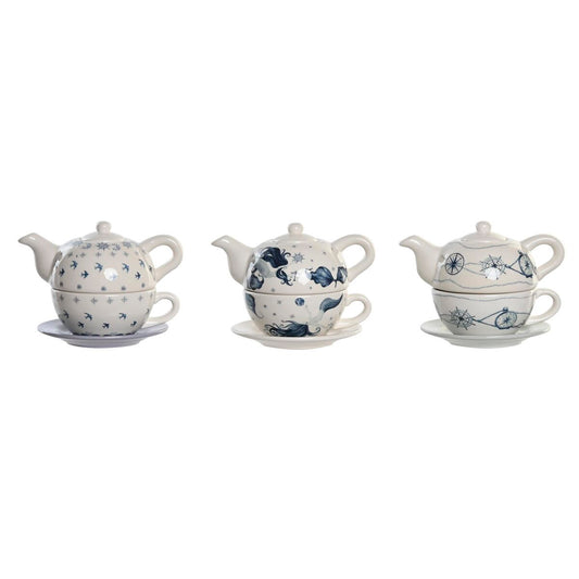 Tea Set DKD Home Decor Blue White 750 ml Dolomite (3 Units) DKD Home Decor