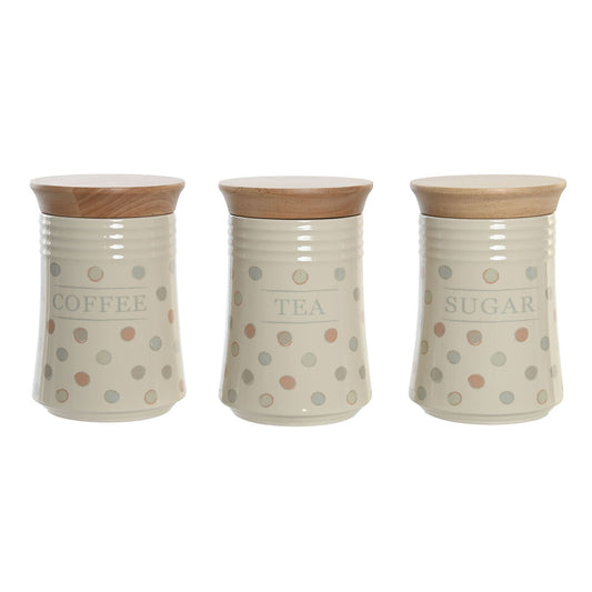 Tin DKD Home Decor Beige Bamboo Stoneware Polka dots 10 x 10 x 16 cm (3 Units) DKD Home Decor