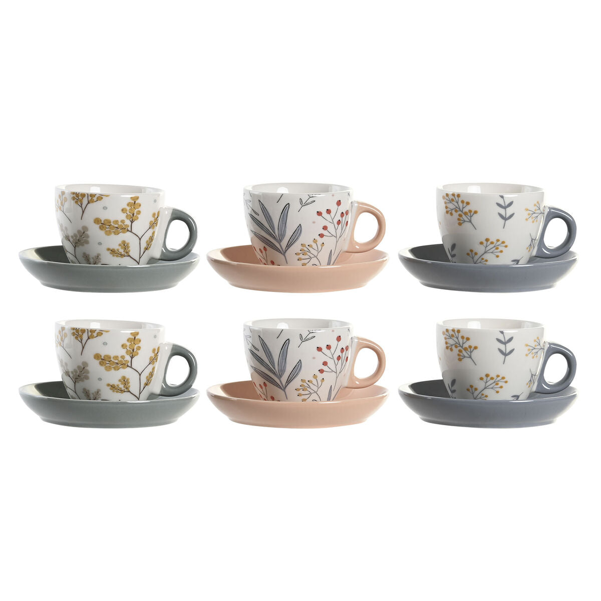 Set of Mugs with Saucers DKD Home Decor Blue Grey Multicolour Light Pink Porcelain 90 ml 11 x 11 x 2 cm (3 Units) DKD Home Decor