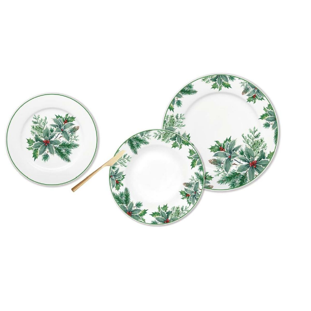 Tableware DKD Home Decor White Green Porcelain Leaf of a plant Christmas 27 x 27 x 2 cm 18 Pieces DKD Home Decor