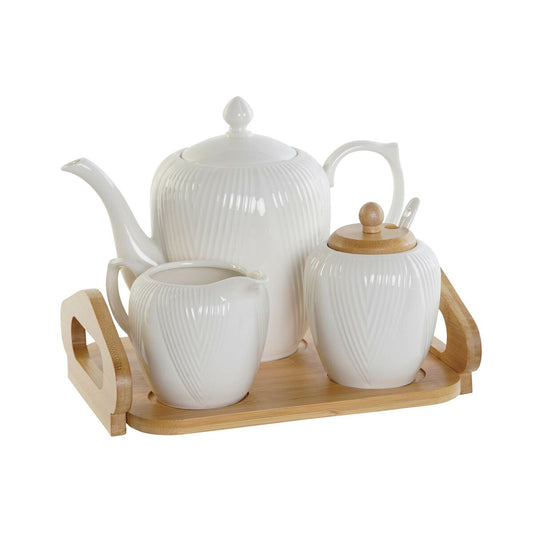 Teapot DKD Home Decor White Natural Bamboo Porcelain DKD Home Decor