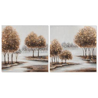 Painting Home ESPRIT Trees Cottage 80 x 3 x 80 cm (2 Units) Home ESPRIT