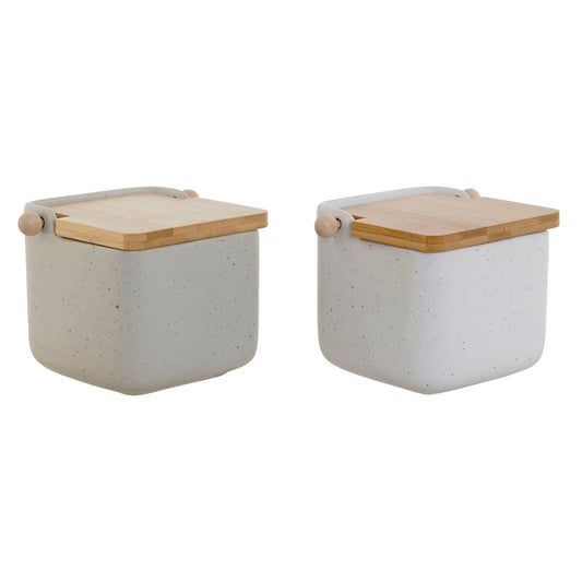 Salt Shaker with Lid Home ESPRIT White Beige Natural Bamboo Dolomite 15 x 12 x 11 cm (2 Units) Home ESPRIT