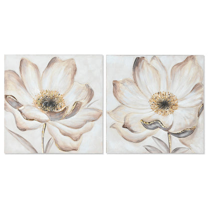 Painting Home ESPRIT Beige Golden Canvas MDF Wood Flower Romantic 60 x 3 x 60 cm (2 Units) Home ESPRIT