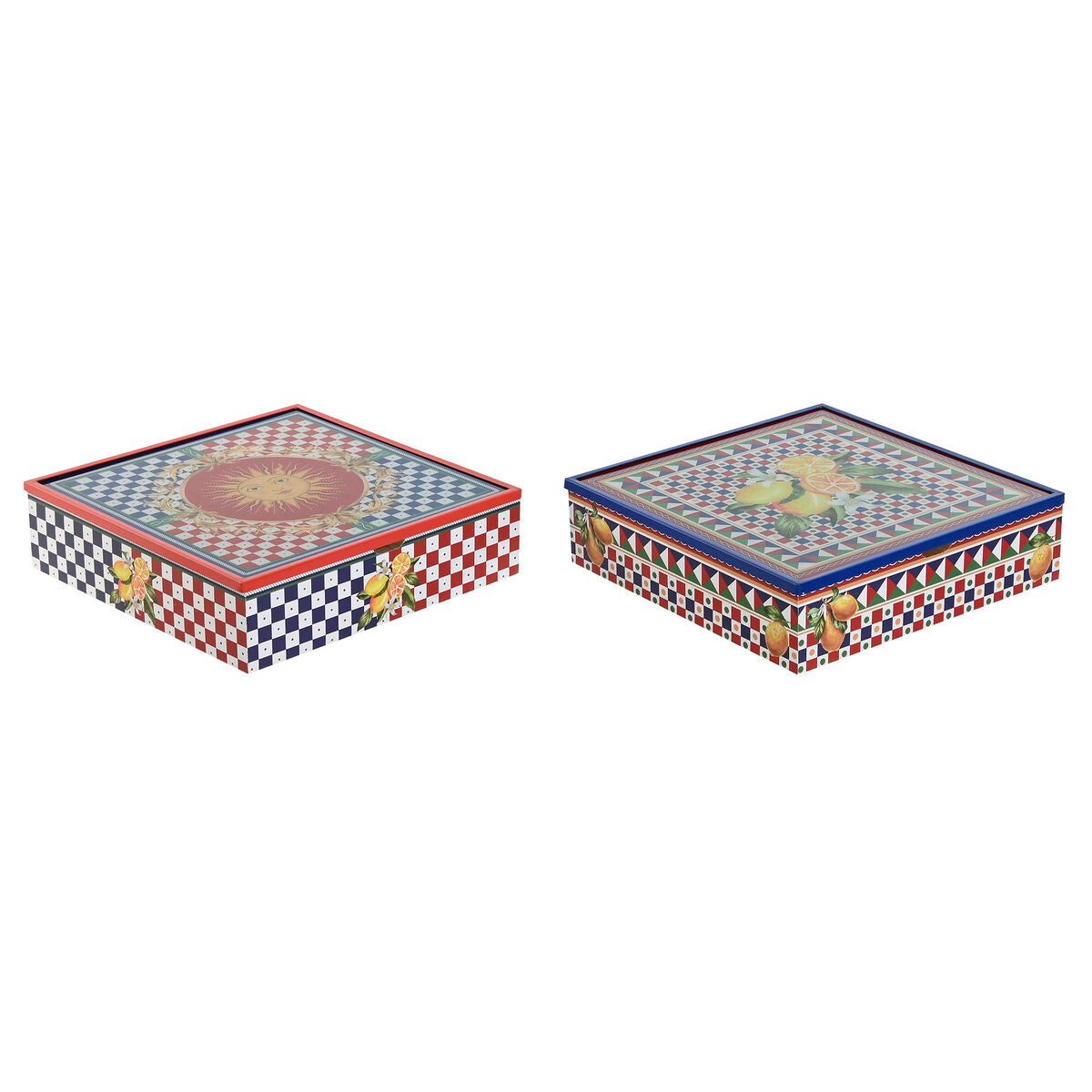 Box for Infusions Home ESPRIT Blue Red Multicolour Metal Crystal MDF Wood 24 x 24 x 6,5 cm (2 Units) Home ESPRIT