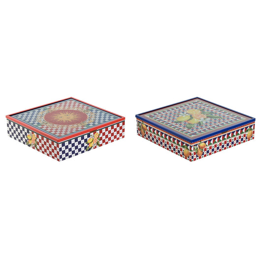 Box for Infusions Home ESPRIT Blue Red Multicolour Metal Crystal MDF Wood 24 x 24 x 6,5 cm (2 Units) Home ESPRIT