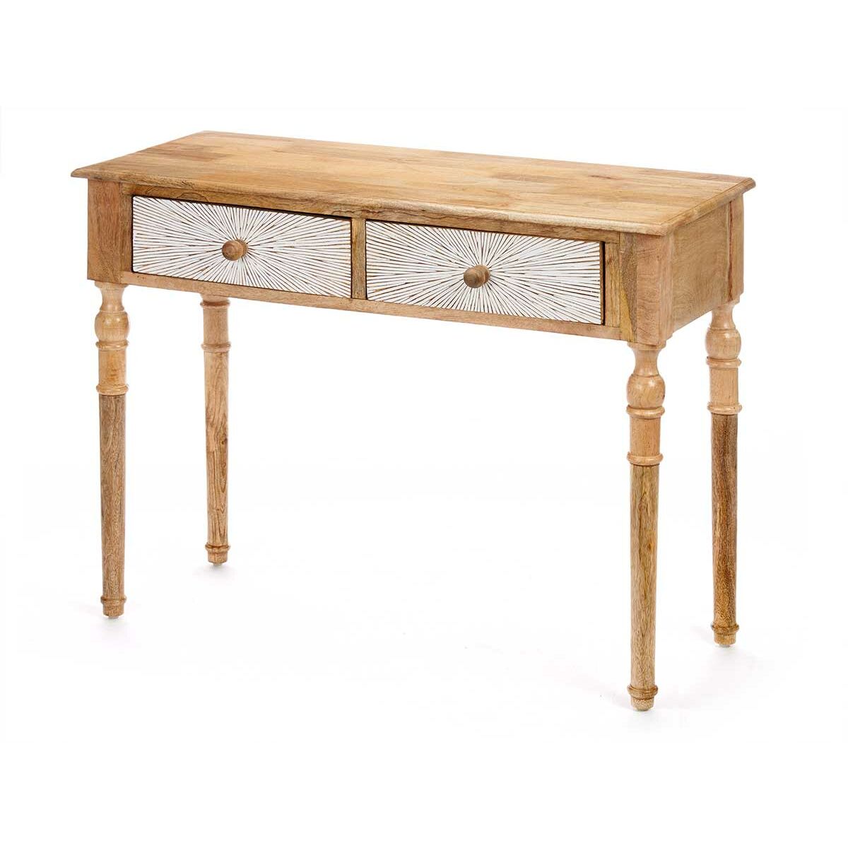 Hall Table with 2 Drawers White Brown Mango wood 98 x 77 x 42 cm Stripes Gift Decor