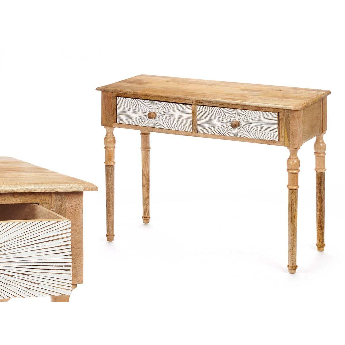 Hall Table with 2 Drawers White Brown Mango wood 98 x 77 x 42 cm Stripes Gift Decor