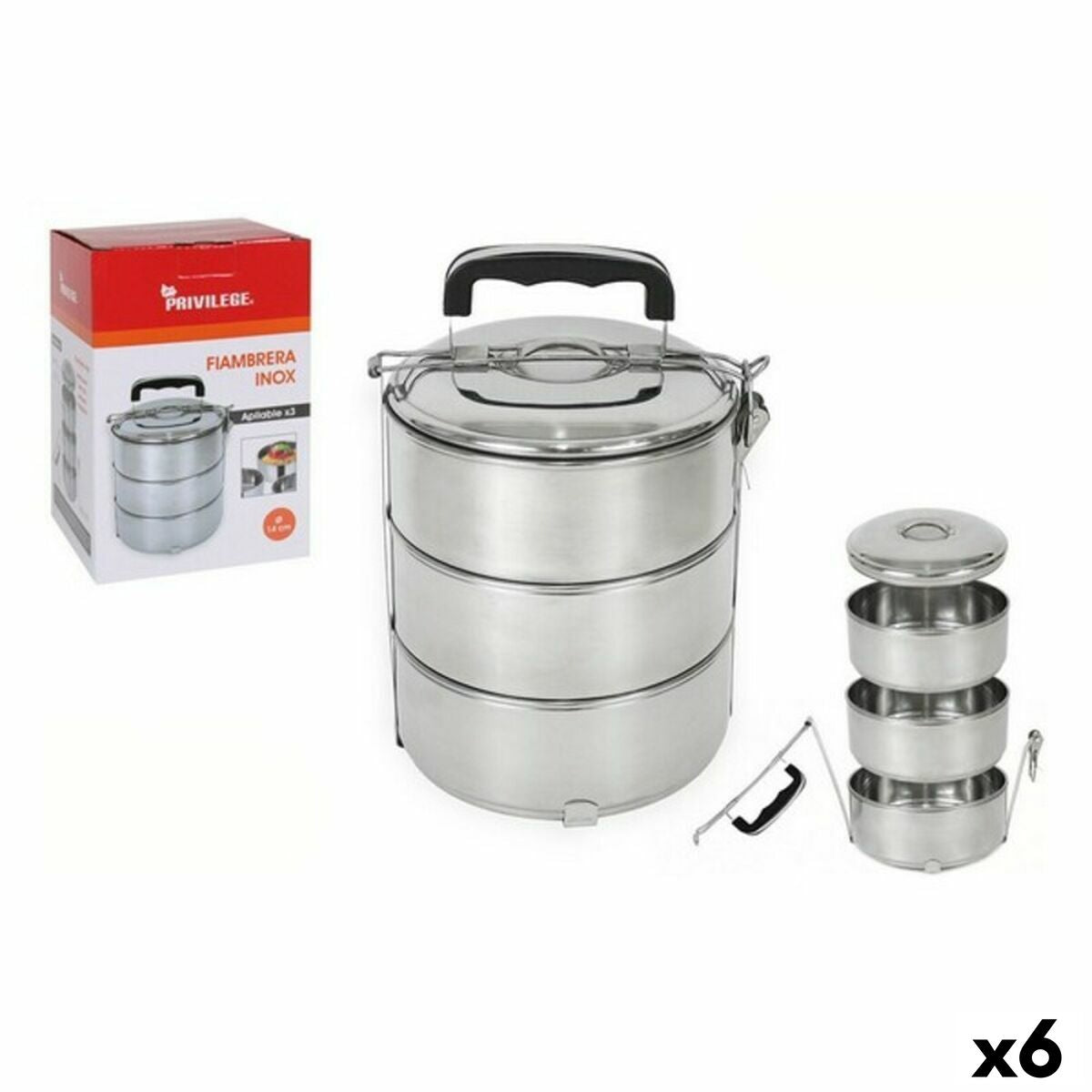 Set of lunch boxes Privilege Stainless steel Stackable Steel 14 cm (6 Units) (3 pcs) Privilege