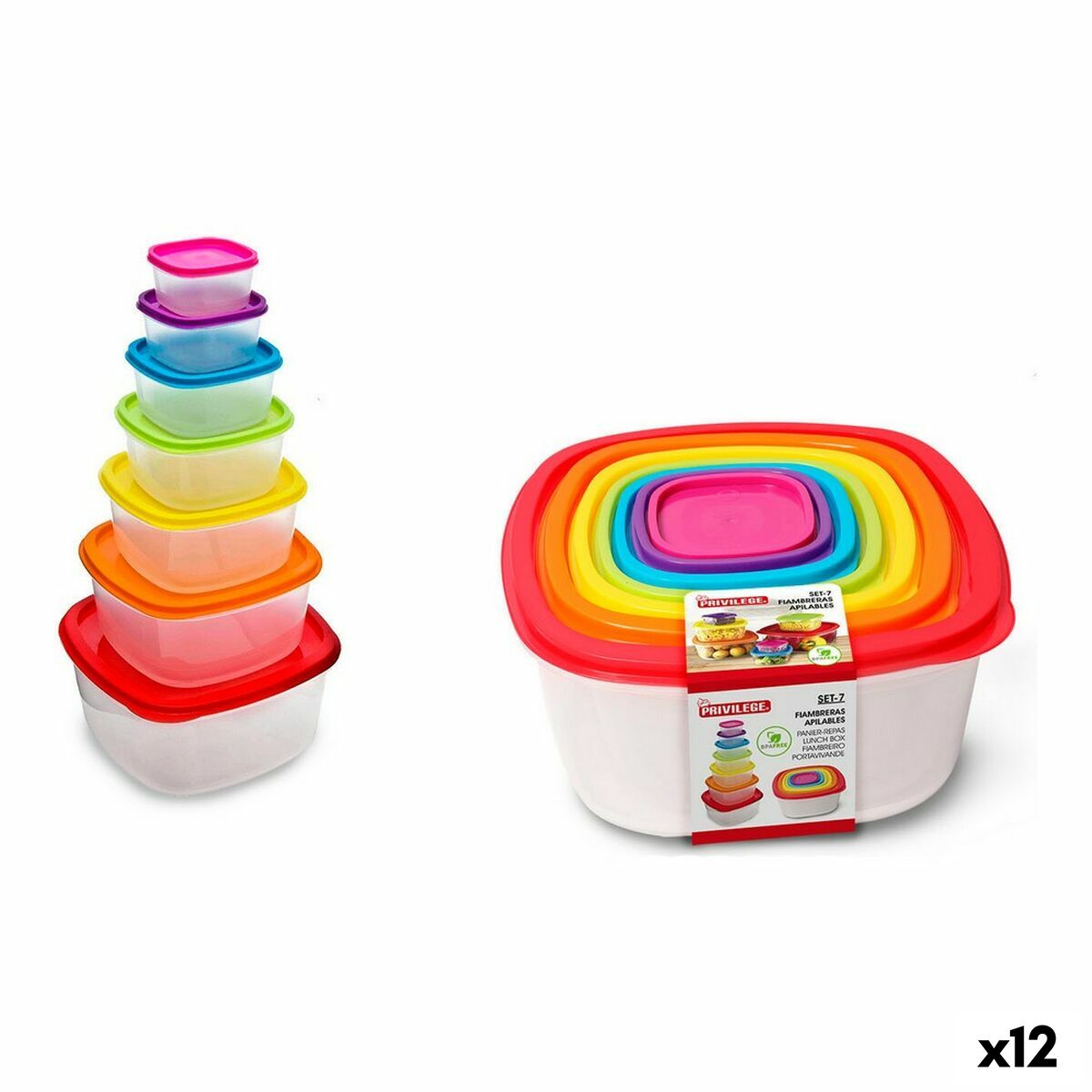 Set of lunch boxes Privilege Multicolour Stackable Squared 7 Pieces (12 Units) Privilege