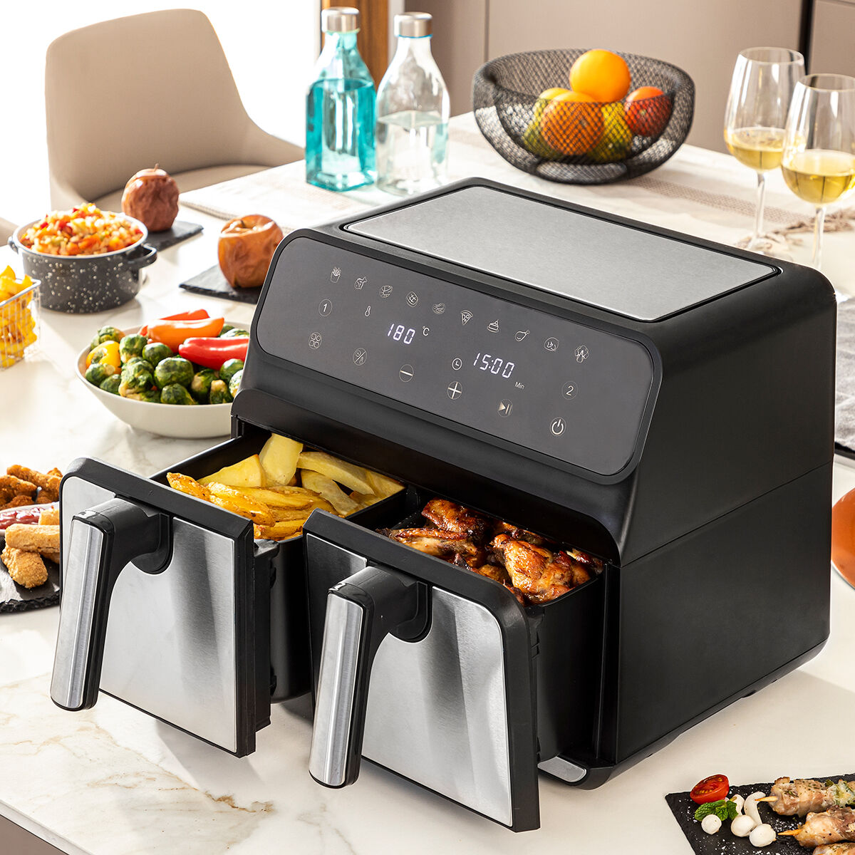 Air Fryer InnovaGoods Fryinn Double 8000 Black 3400 W 8 L Stainless steel InnovaGoods