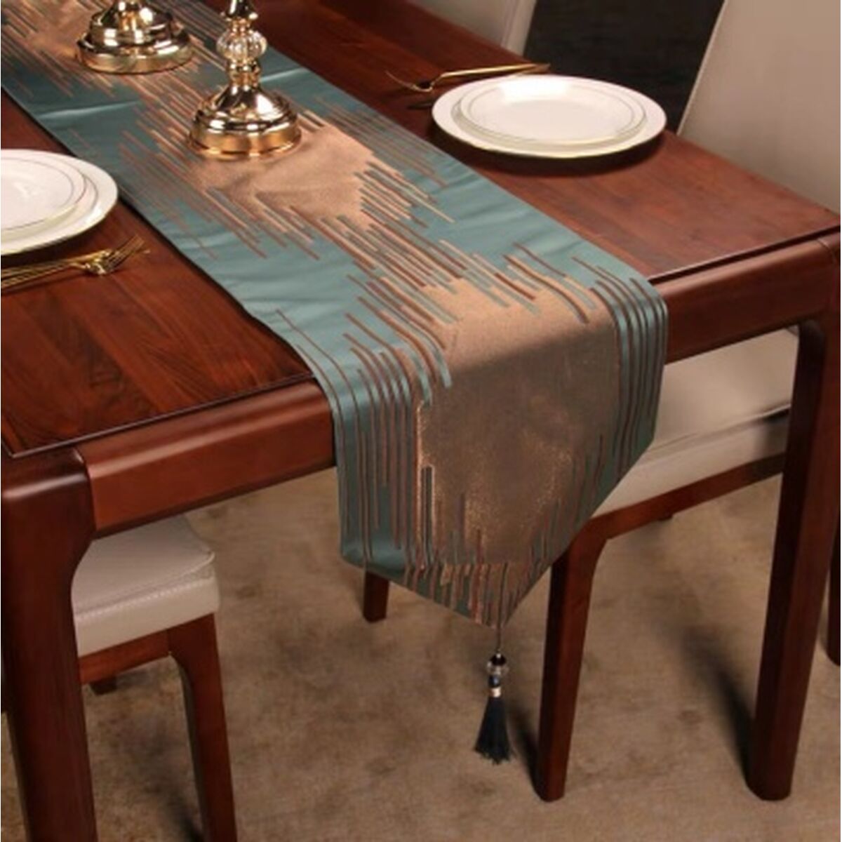 Table Runner Romimex Blue Golden 33 x 180 x 1 cm Romimex