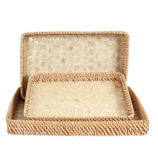 Set of trays Romimex Beige Rattan Mother of pearl 52 x 6 x 32 cm 3 Pieces Romimex