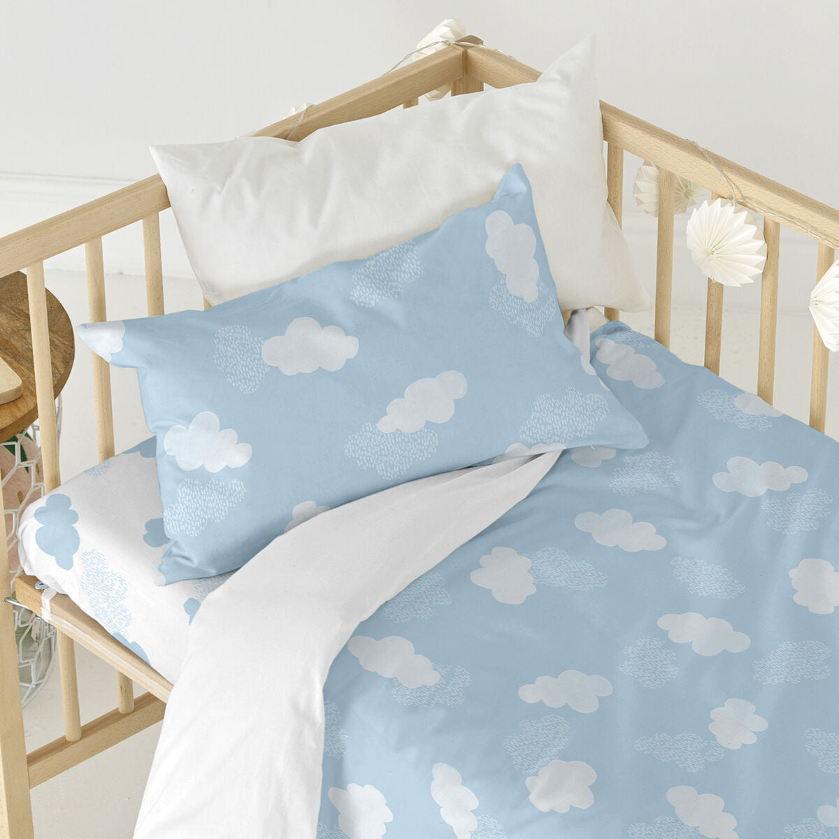 Fitted sheet HappyFriday BASIC KIDS Blue White 70 x 140 x 14 cm Clouds HappyFriday