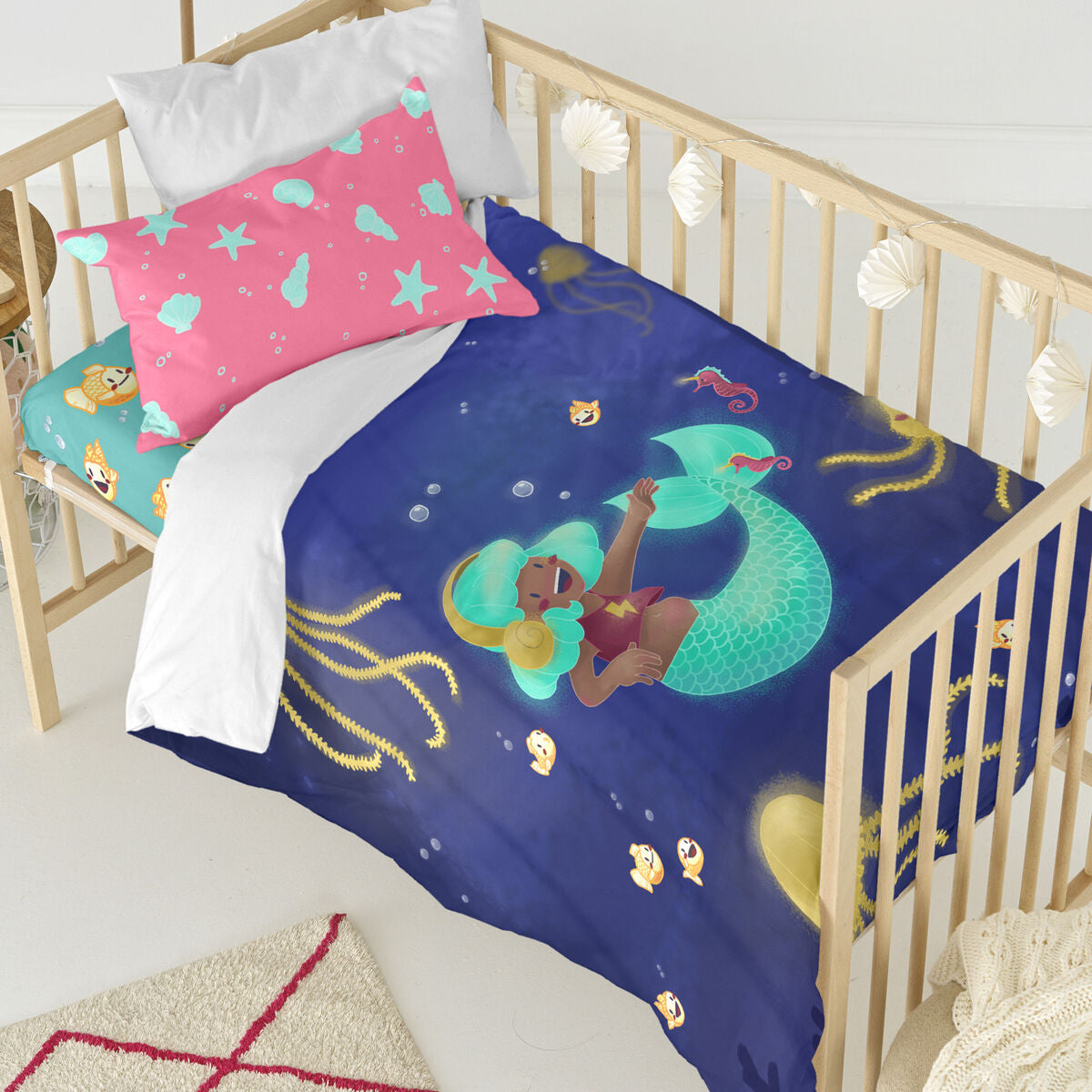 Duvet cover set HappyFriday Mr Fox Happy mermaid Multicolour Baby Crib 2 Pieces HappyFriday