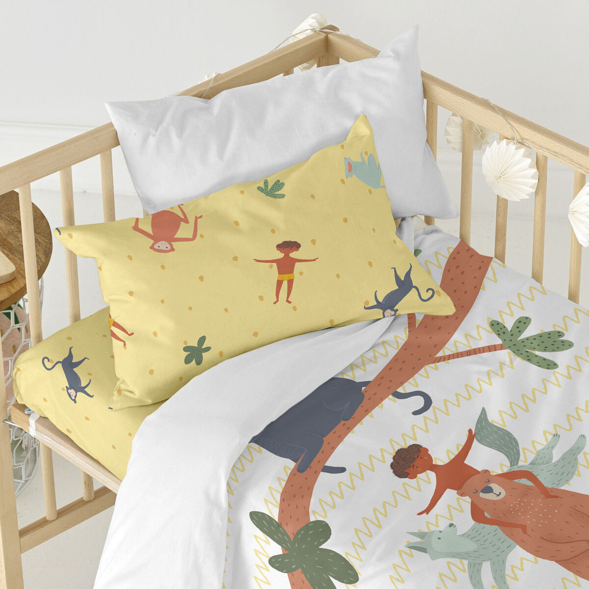 Duvet cover set HappyFriday Mr Fox Jungle life Multicolour Baby Crib 2 Pieces