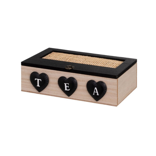 Box for Infusions HEARTS Black Natural Polyresin MDF Wood 24 x 17 x 7 cm