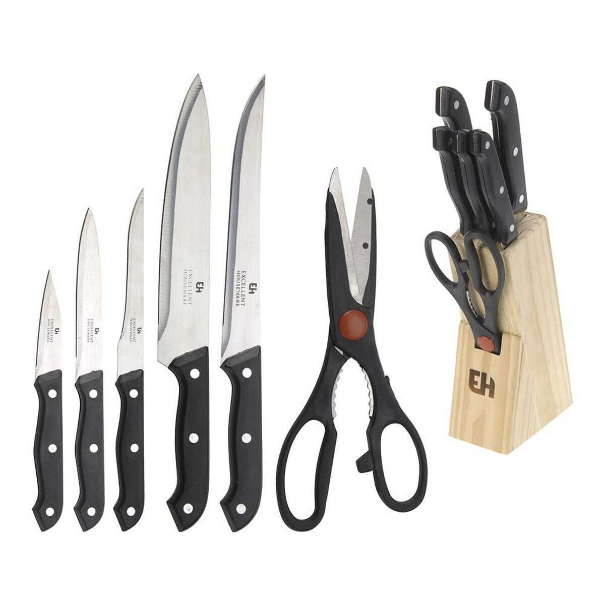 Set of Kitchen Knives and Stand Excellent Houseware Scissors 7 Pieces Black Wood Stainless steel polypropylene Excellent Houseware