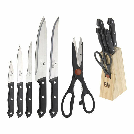 Set of Kitchen Knives and Stand Excellent Houseware Scissors 7 Pieces Black Wood Stainless steel polypropylene Excellent Houseware