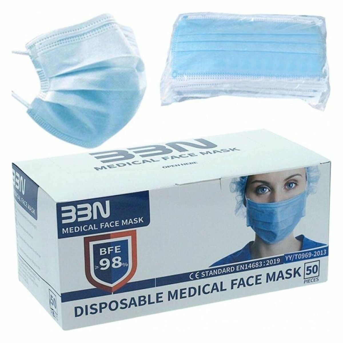 Hygienic Face Mask Blue Adult (50 uds) BigBuy Wellness