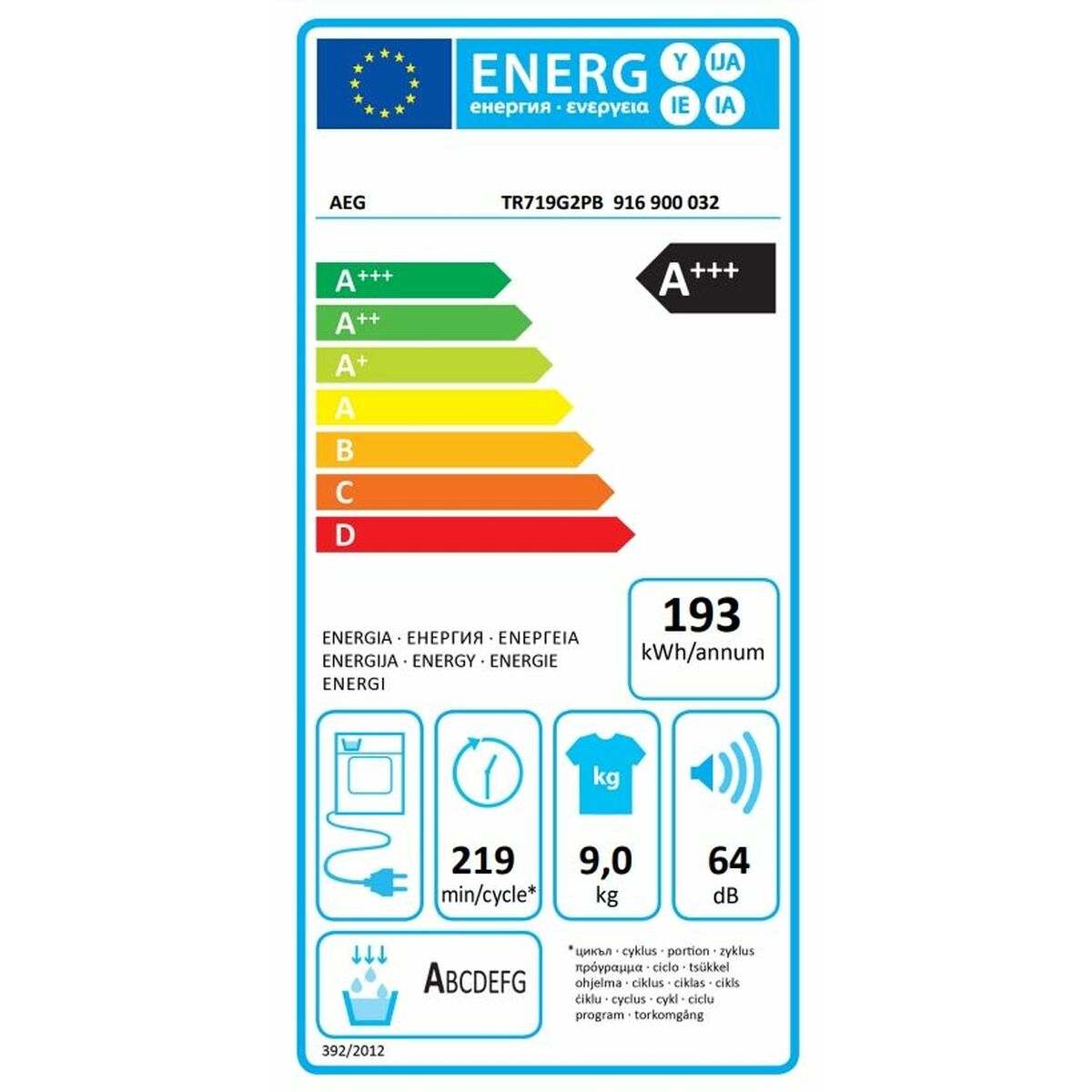 Dryer AEG TR719G2PB 9 kg Heat pump White AEG