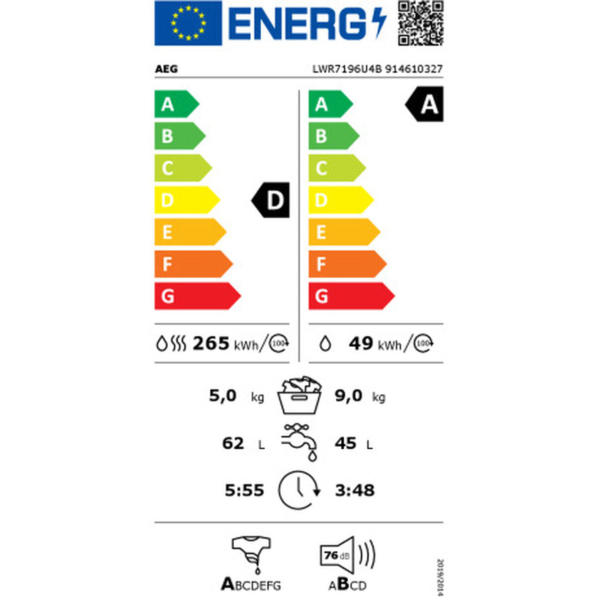 Washer - Dryer AEG LWR7196U4B 1600 rpm 5 kg 9 kg AEG