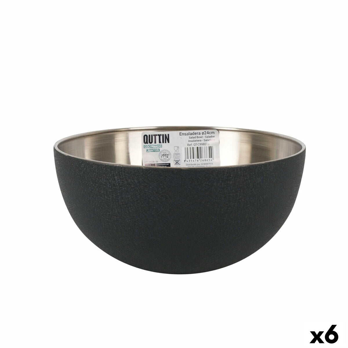 Salad Bowl Quttin Black Silver Steel 24 x 12 cm (6 Units) Quttin