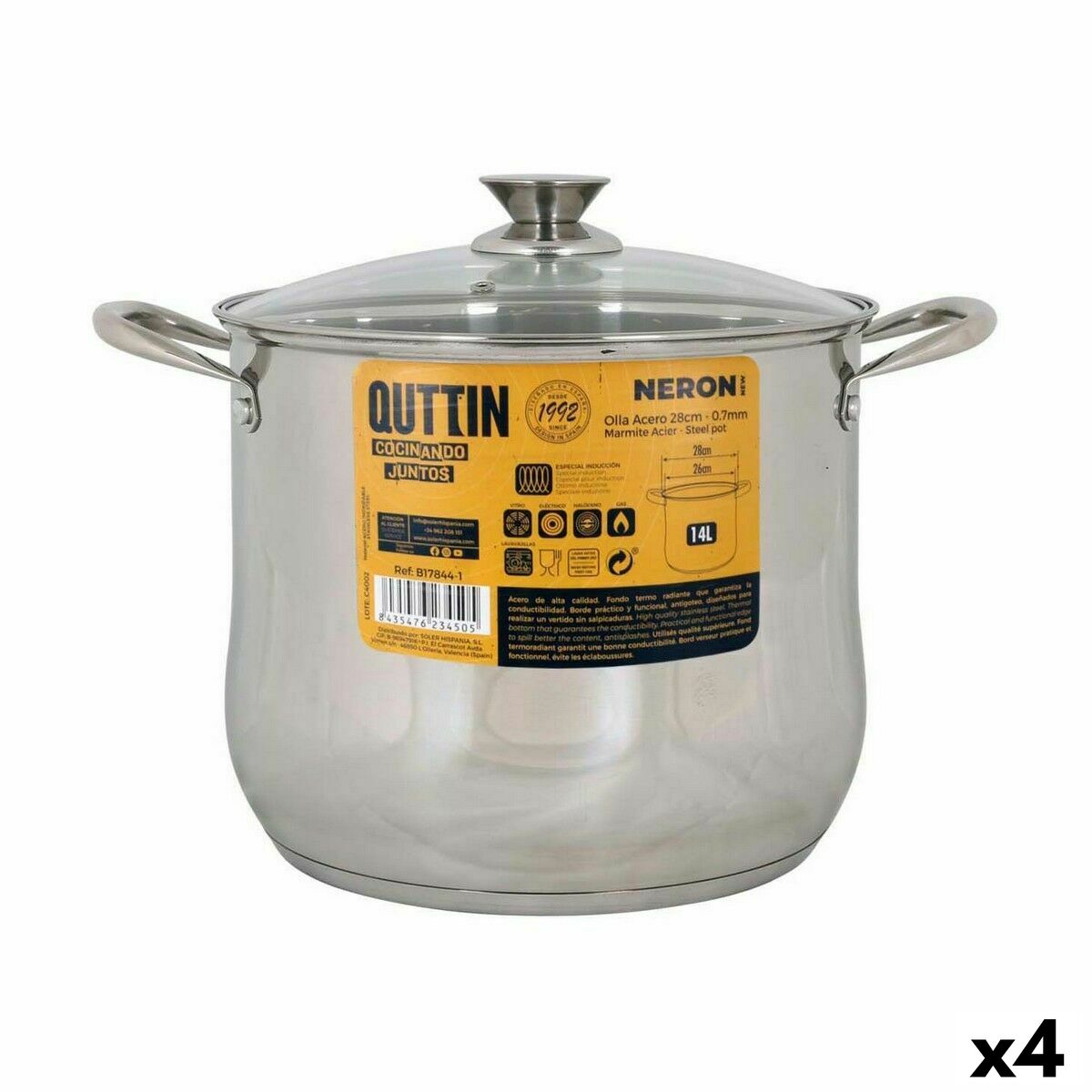 Pot with Glass Lid Quttin New Neron Steel 27,3 x 23 cm (4 Units) Quttin