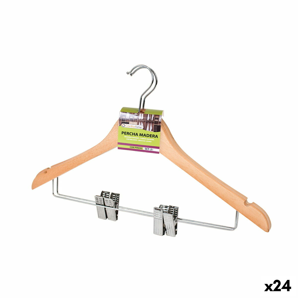 Set of Clothes Hangers Confortime Brown Clamps Wood 2 Pieces (24 Units) Confortime