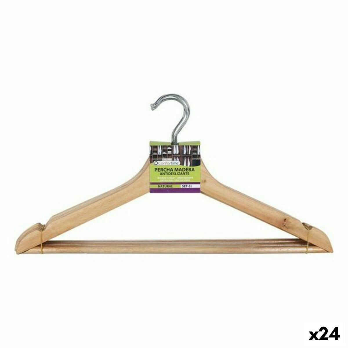 Set of Clothes Hangers Confortime Non-slip Brown Wood 3 Pieces (24 Units) Confortime