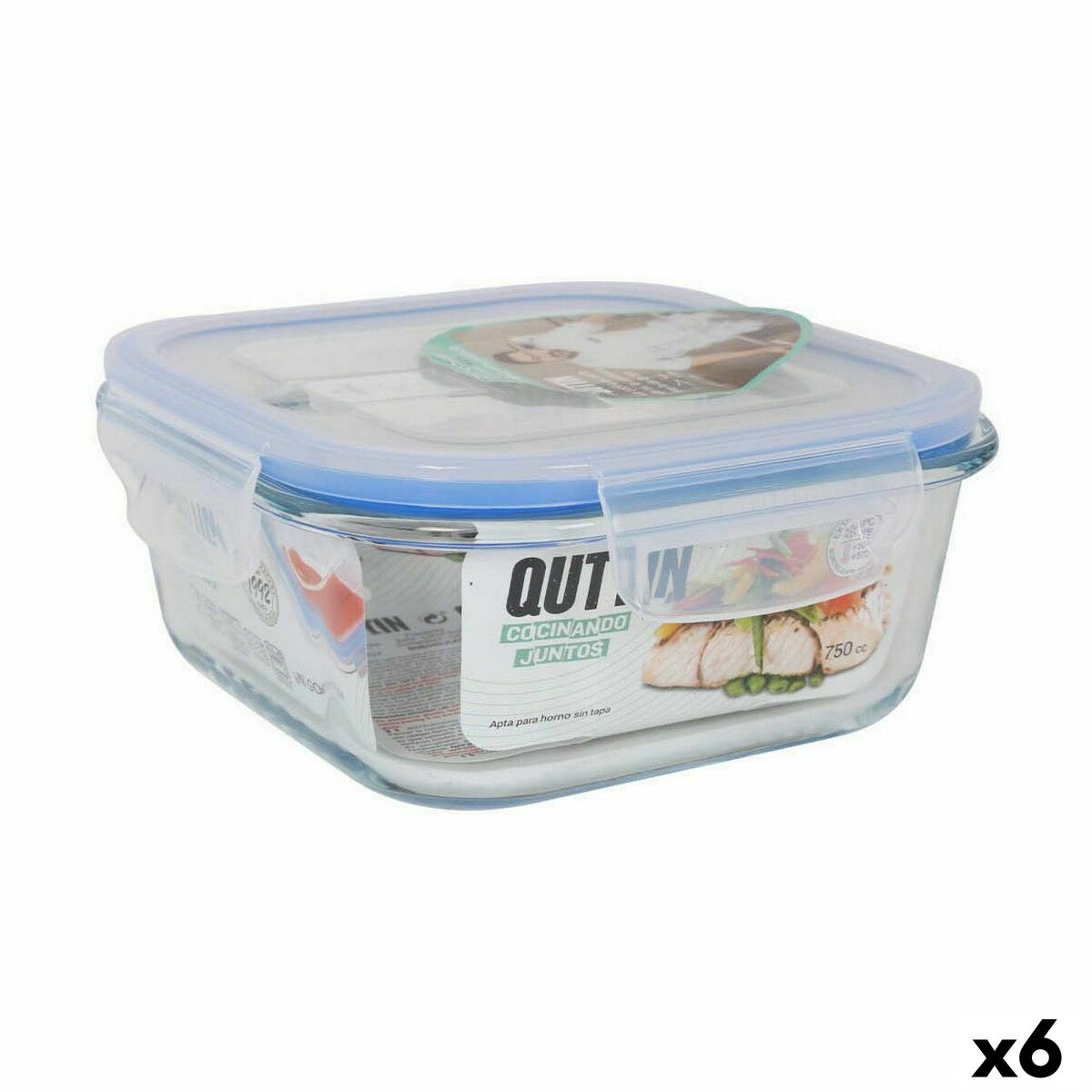 Square Lunch Box with Lid Quttin Transparent 750 ml 16 x 16 x 7 cm (6 Units) Quttin