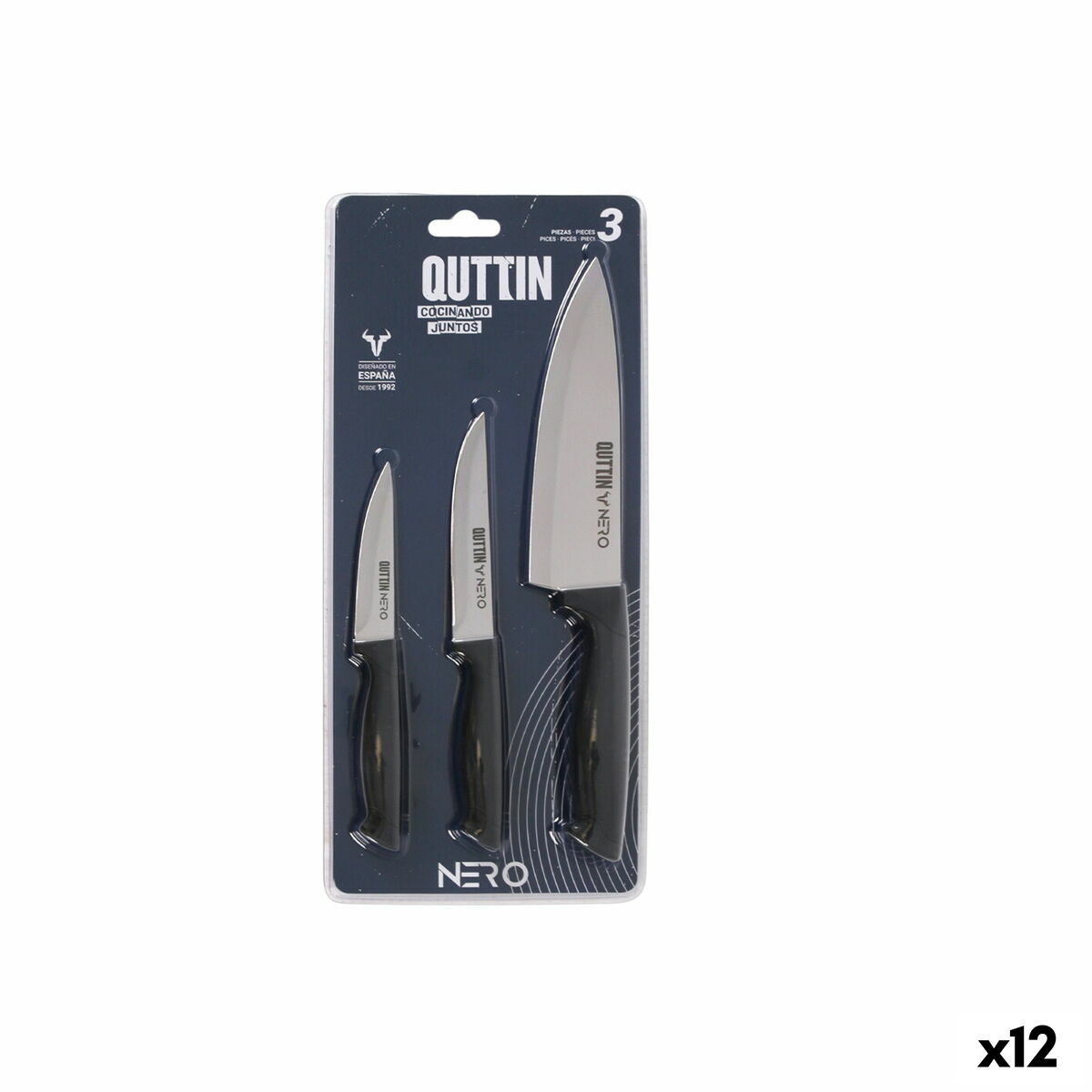 Knife Set Quttin Nero Black Silver 3 Pieces (12 Units) Quttin