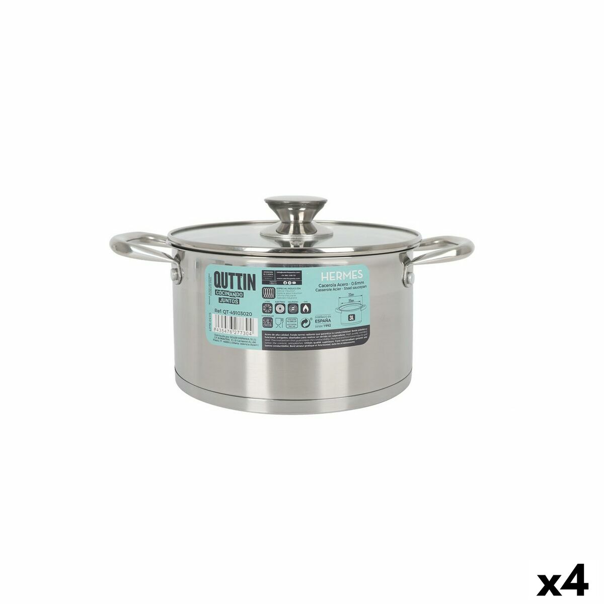 Pot with Glass Lid Quttin Hermes Steel 3 L (4 Units) Quttin