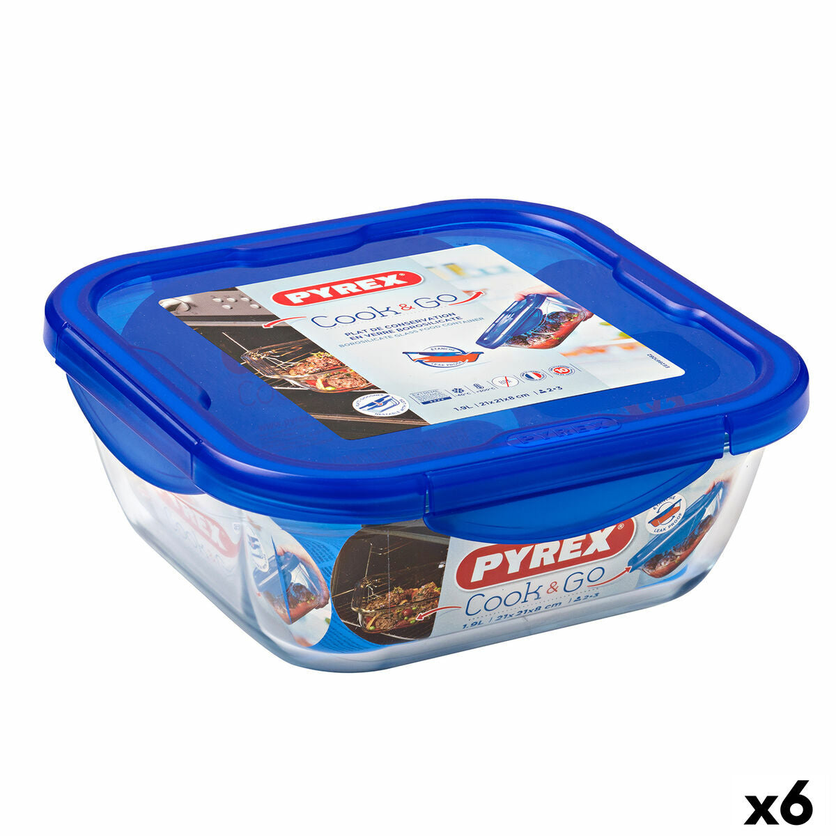 Fiambrera Hermética Pyrex Cook &amp; go 21 x 21 x 9 cm Azul 1,9 L Cristal (6 Unidades)